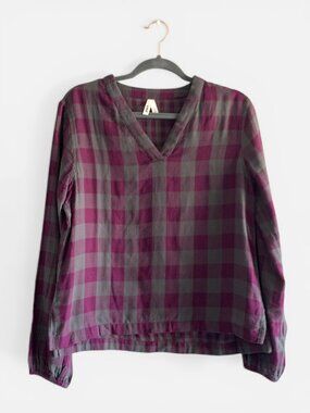Pact Plaid Check V-Neck Pullover Shirt Purple & Gray - Sz S 100% Organic Cotton